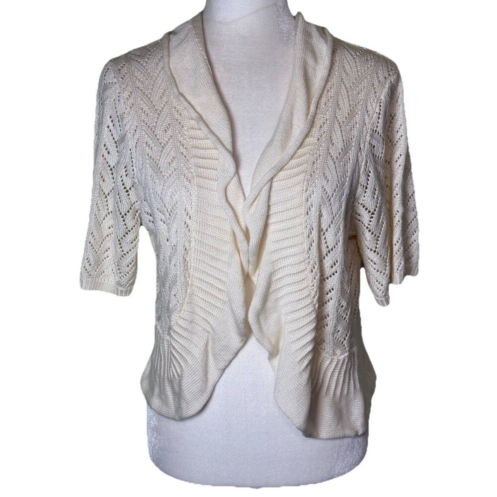 Women Ivory Pointelle Knit Cardigan Short Sleeve Ruffle Hem Open Front Size XL
